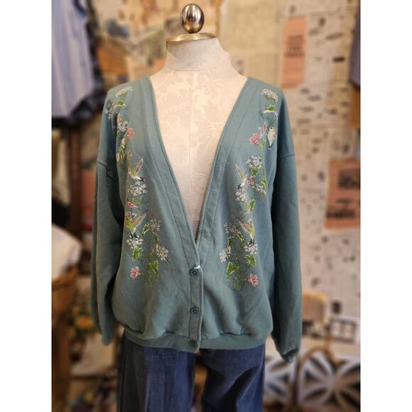 Vintage Artisan Sunschein Design Cardigan w/ Flowers and Humingbirds Size Lrg - Picture 1 of 5